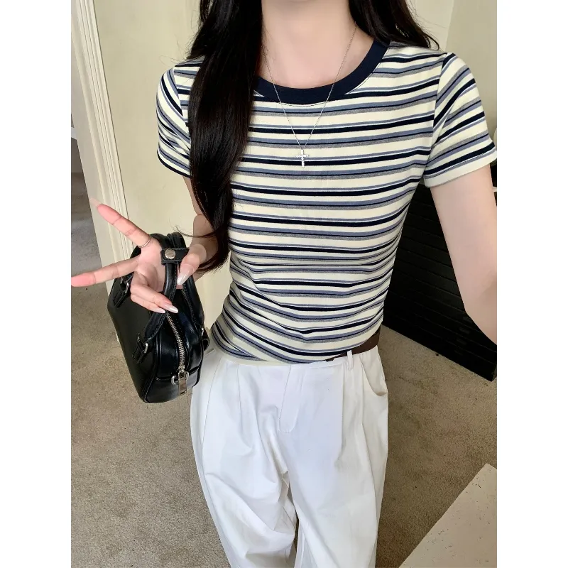 KAISER Regular T Shirt Women's Blue Apricot Stripes-4