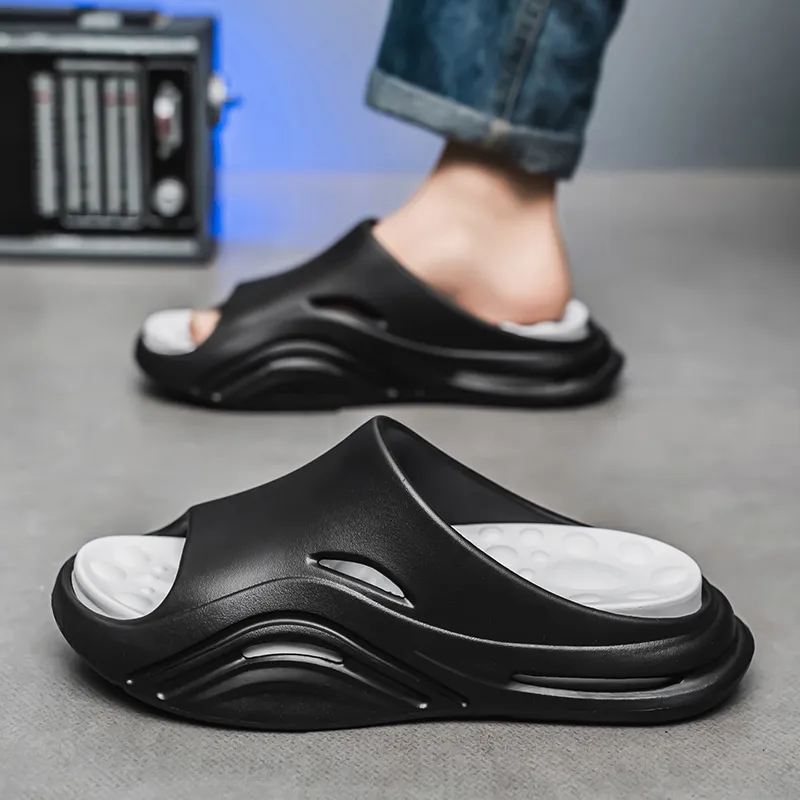 Gaius Durant Quiet Slip Resistant Cushioning Slide Slippers Men's Black White-3
