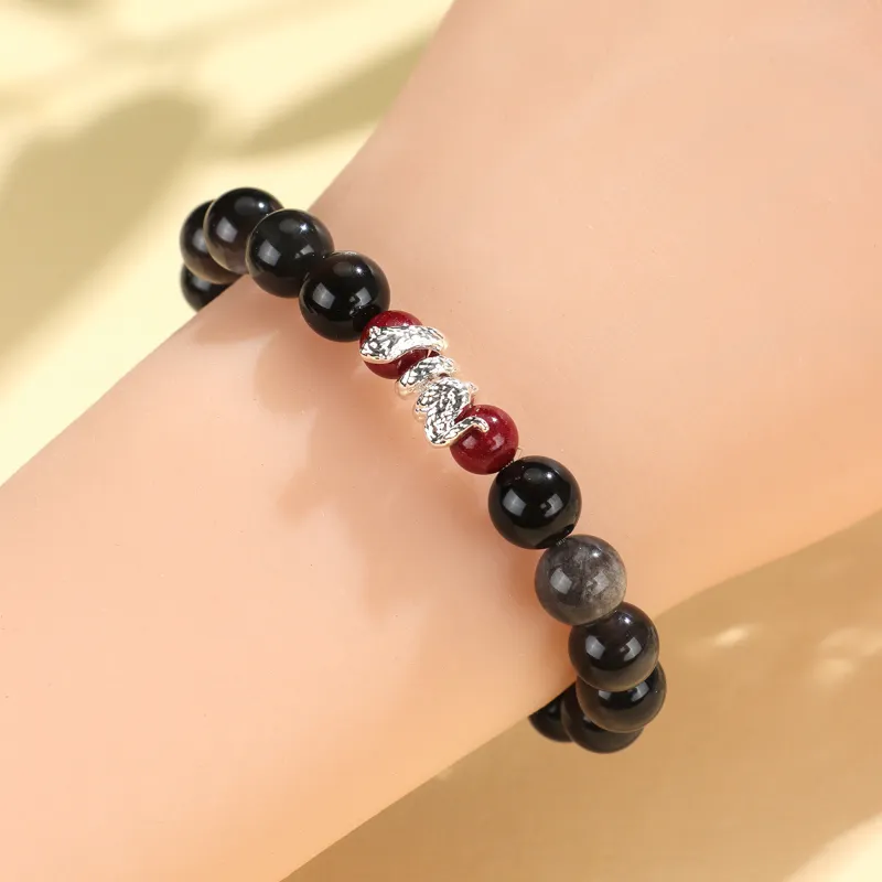 DVNRR Silver Sheen Obsidian Bracelets Unisex Gift Box Set Good Luck-9