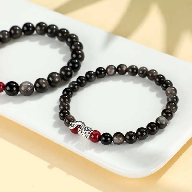 DVNRR Silver Sheen Obsidian Bracelets Unisex Gift Box Set Good Luck-3