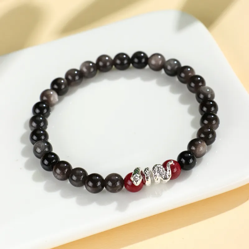 DVNRR Silver Sheen Obsidian Bracelets Unisex Gift Box Set Good Luck-5