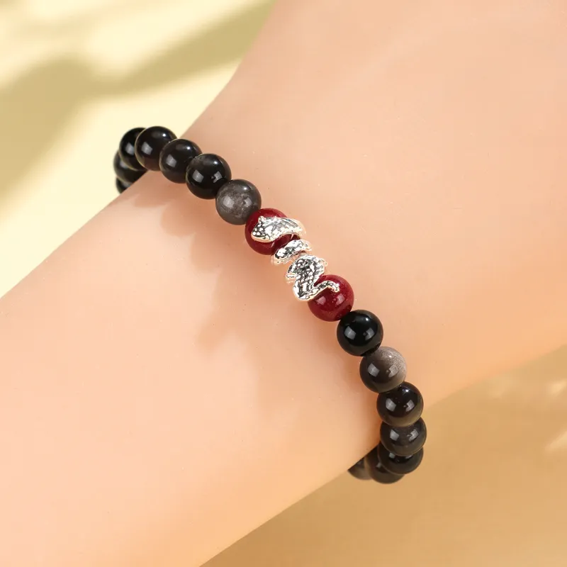 DVNRR Silver Sheen Obsidian Bracelets Unisex Gift Box Set Good Luck-6