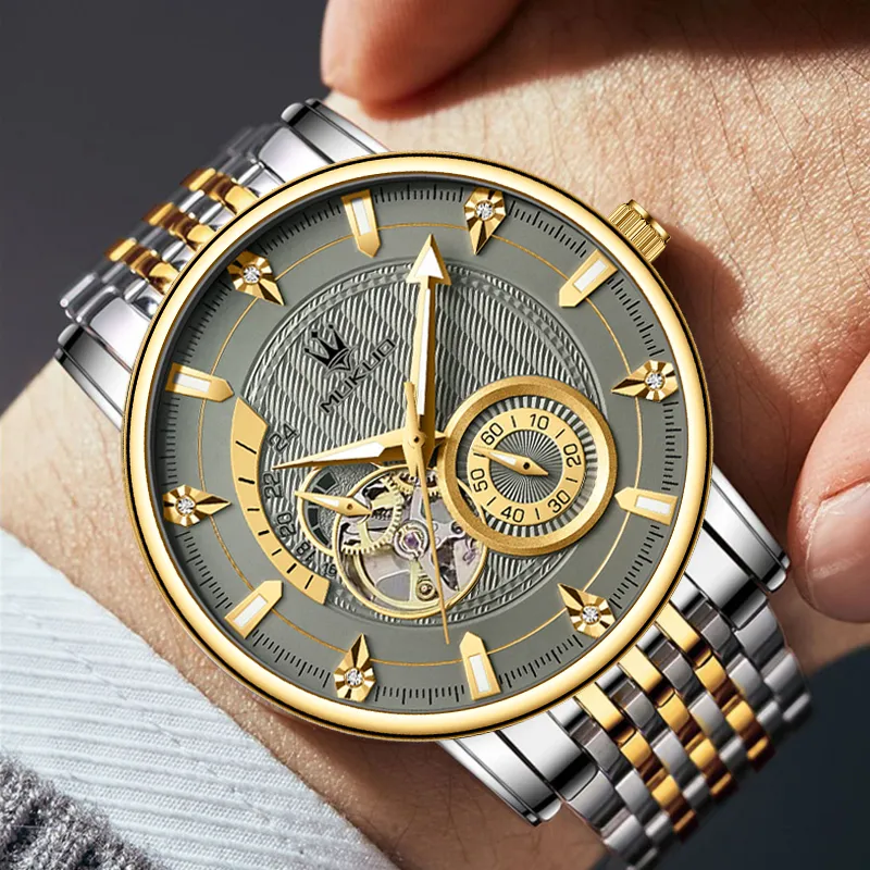 MUKUO Cut Out Pilot Collection Automatic Mechanical Movement Steel Strap Watch Men's Watches Gray Dial-3