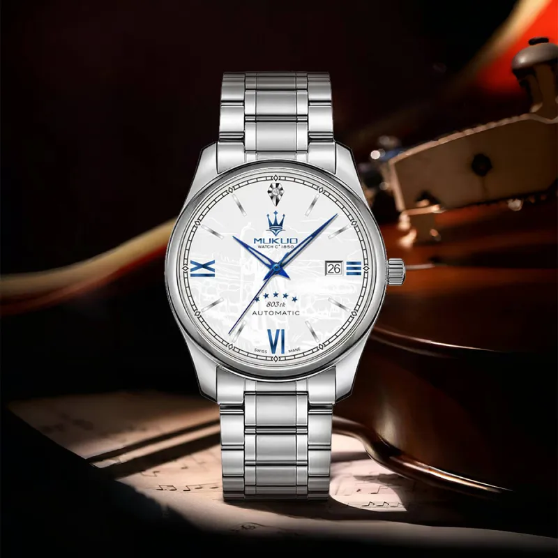 MUKUO Shepherd Collection Automatic Mechanical Movement Stainless Steel Watchband Watch Men's Watches White Dial-3