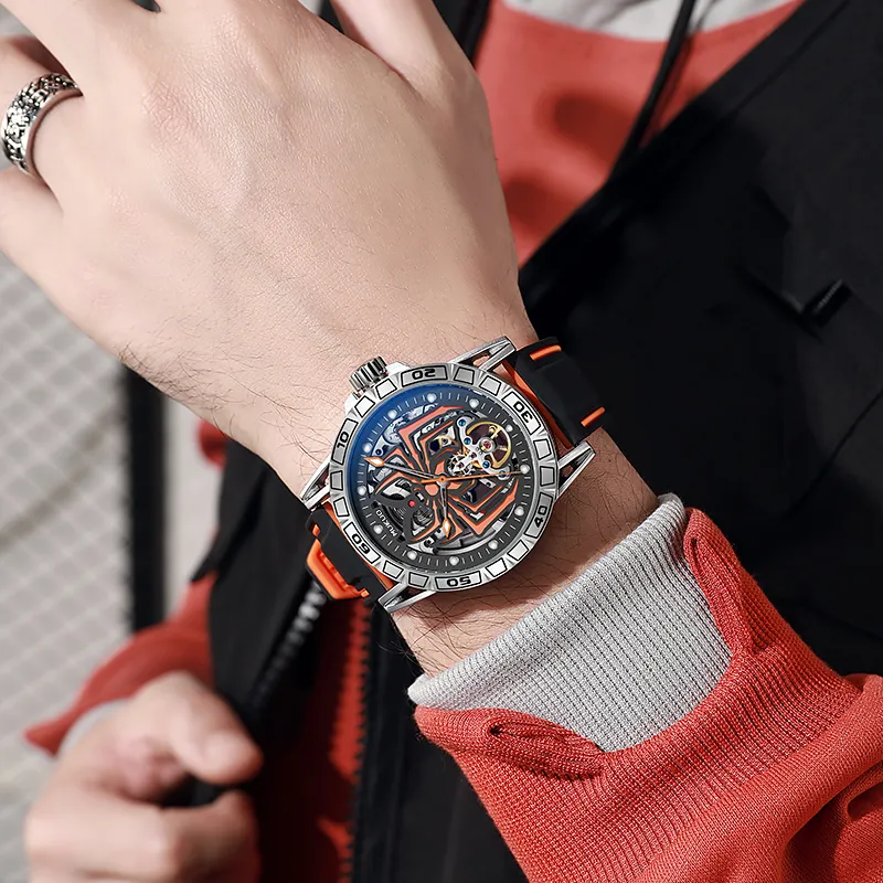 MUKUO Hero Collection Automatic Mechanical Movement Silicone Strap Watch Men's Watches Cut-Out Dial-6