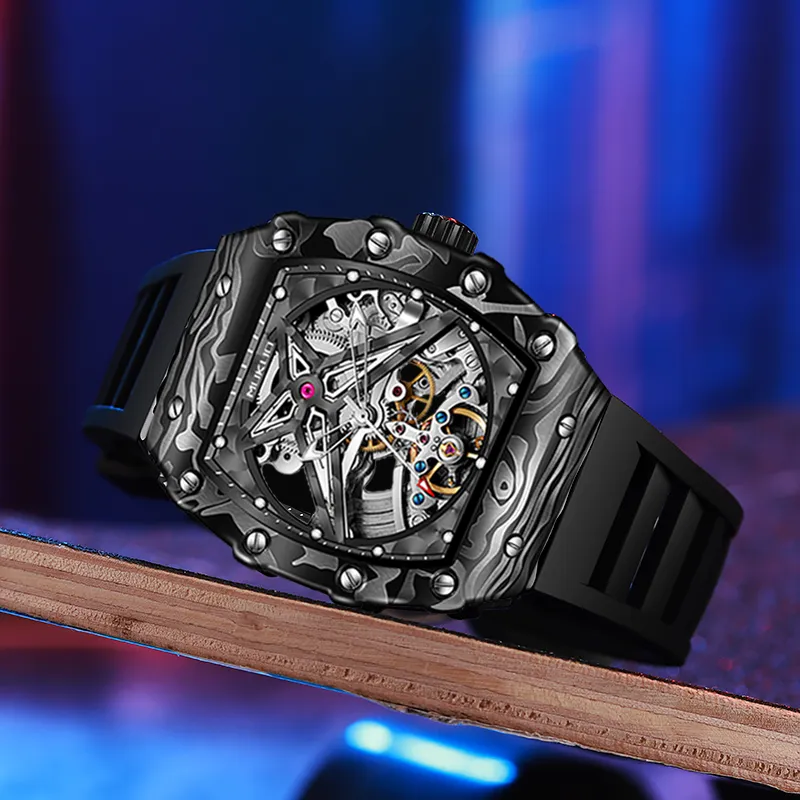 MUKUO Pioneer Collection Automatic Mechanical Movement Silicone Strap Watch Men's Watches Cut Out Dial-4