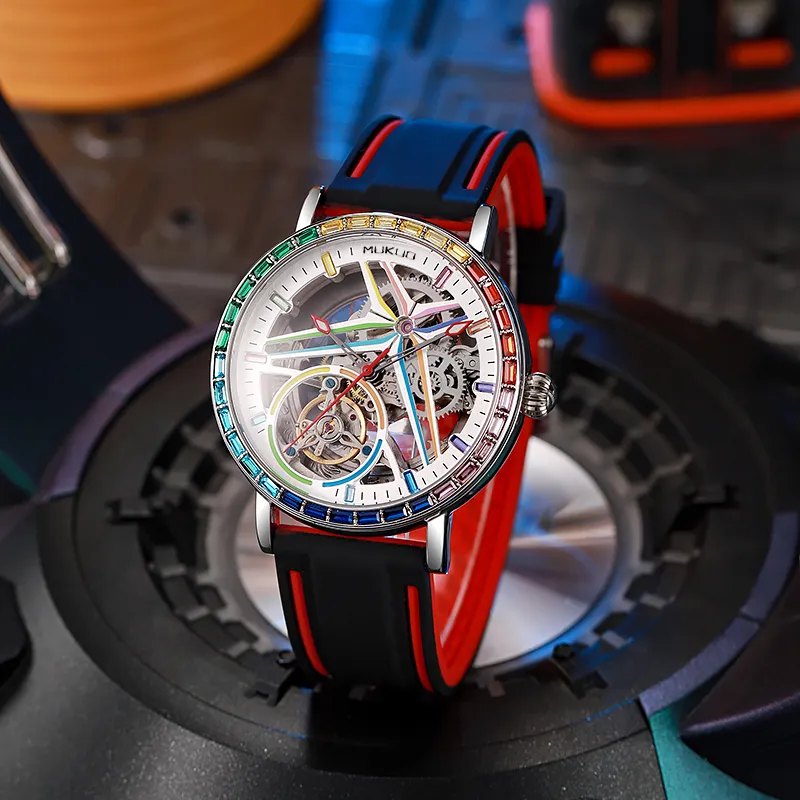 MUKUO Cool Play Collection Automatic Mechanical Movement Silicone Strap Watch Men's Watches Cut-Out Dial-5