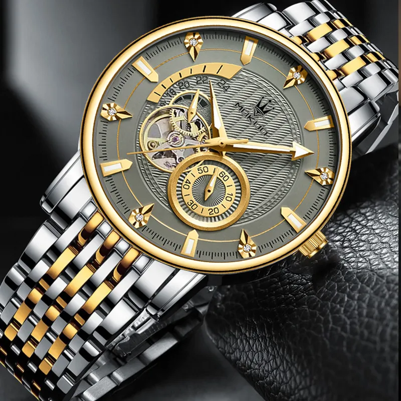 MUKUO Cut Out Pilot Collection Automatic Mechanical Movement Steel Strap Watch Men's Watches Gray Dial-4