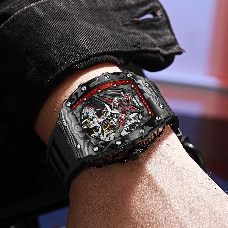 MUKUO Pioneer Collection Automatic Mechanical Movement Silicone Strap Watch Men's Watches Cut Out Dial-2