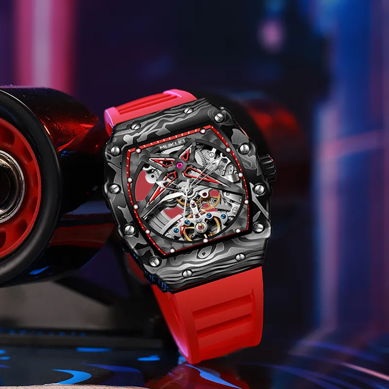 MUKUO Pioneer Collection Automatic Mechanical Movement Silicone Strap Watch Men's Watches Cut Out Dial-6