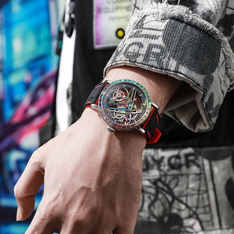 MUKUO Cool Play Collection Automatic Mechanical Movement Silicone Strap Watch Men's Watches Cut-Out Dial-7