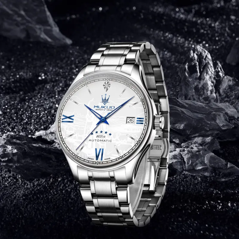 MUKUO Shepherd Collection Automatic Mechanical Movement Stainless Steel Watchband Watch Men's Watches White Dial-1
