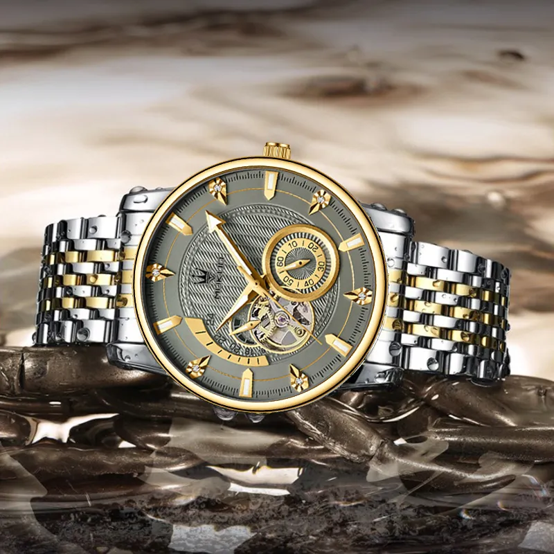 MUKUO Cut Out Pilot Collection Automatic Mechanical Movement Steel Strap Watch Men's Watches Gray Dial-5