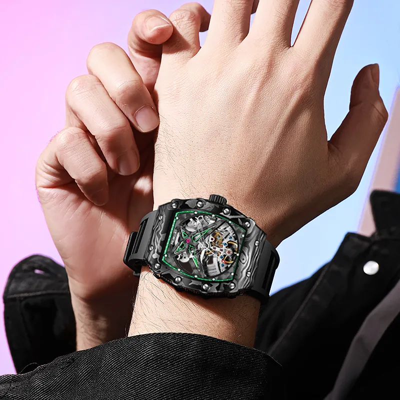 MUKUO Pioneer Collection Automatic Mechanical Movement Silicone Strap Watch Men's Watches Cut Out Dial-10