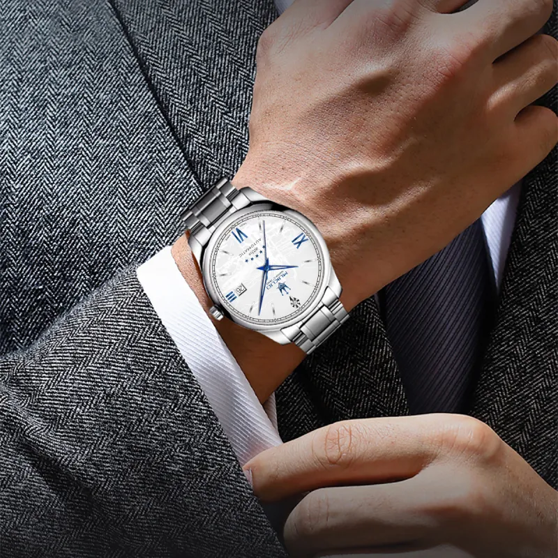 MUKUO Shepherd Collection Automatic Mechanical Movement Stainless Steel Watchband Watch Men's Watches White Dial-5