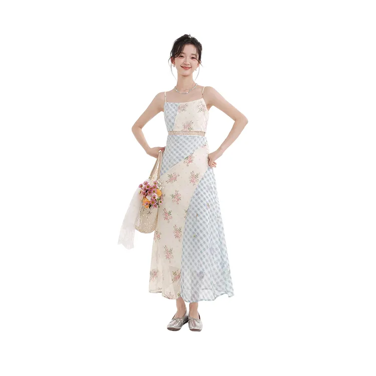 HDFULERN Slip Dresses Women's Blue And White Plaid Floral-3