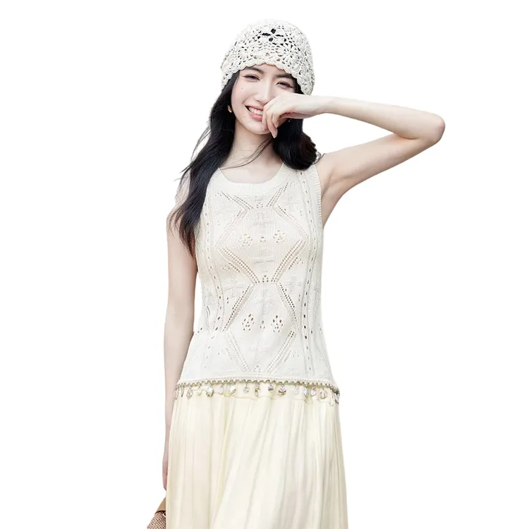 HDFULERN Knitwear Women's Beige Fashion Cut Out Design Knitwear Women's Summer French Elegant Slimming Tank Top-2