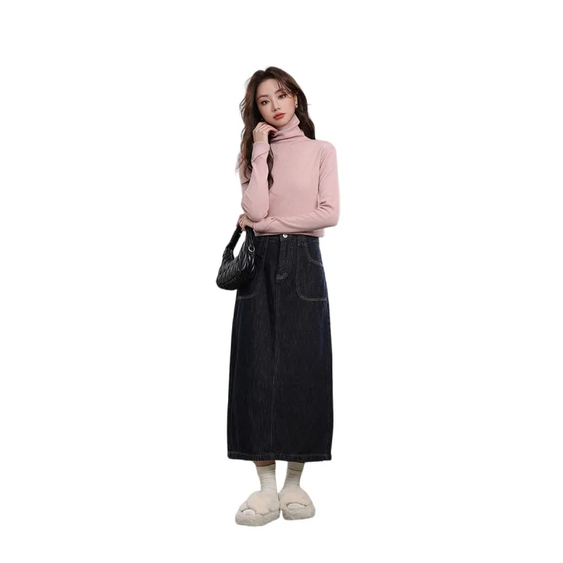 HDFULERN Denim Long Skirts Women's Dark Blue-4