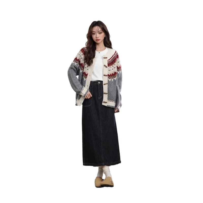 HDFULERN Denim Long Skirts Women's Dark Blue-2