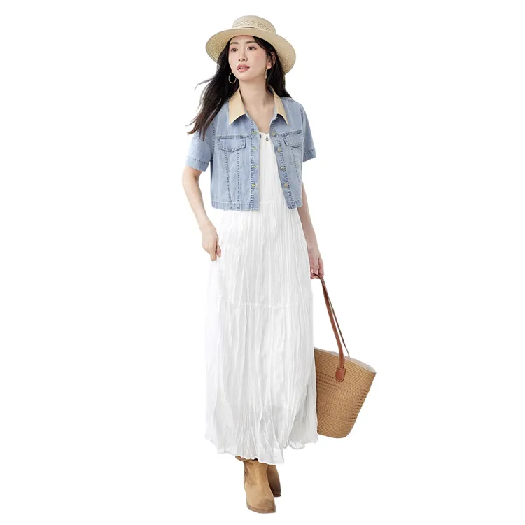 HDFULERN Cropped Coats Women's Denim Light Blue-2
