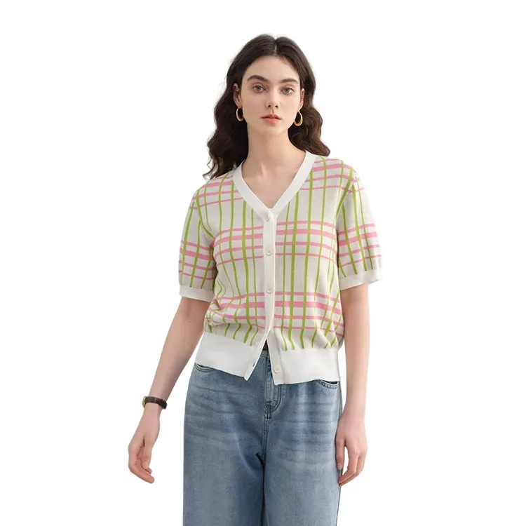 HDFULERN Knitwear Women's Pink Green Plaid-5