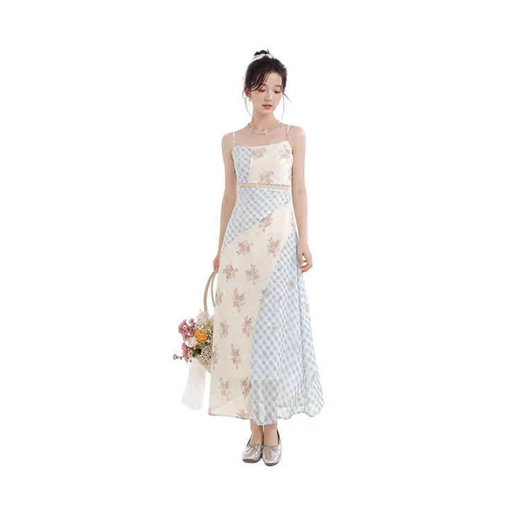 HDFULERN Slip Dresses Women's Blue And White Plaid Floral-2