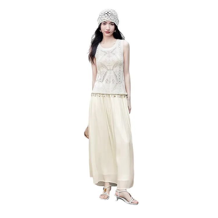 HDFULERN Knitwear Women's Beige Fashion Cut Out Design Knitwear Women's Summer French Elegant Slimming Tank Top-3