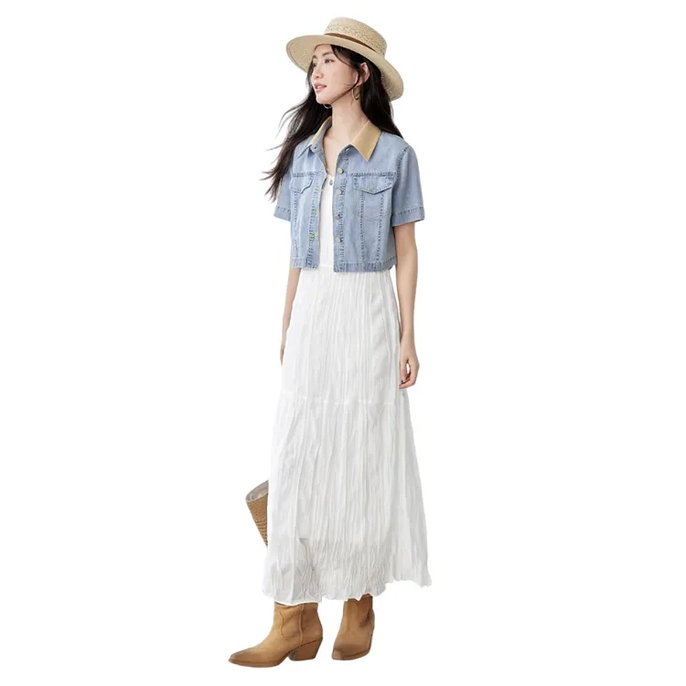 HDFULERN Cropped Coats Women's Denim Light Blue-3