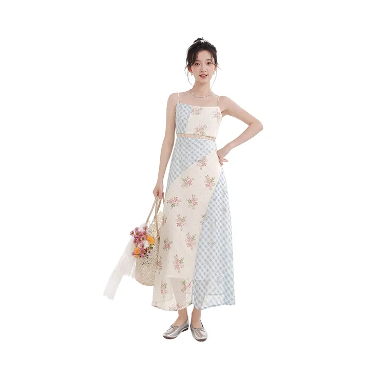 HDFULERN Slip Dresses Women's Blue And White Plaid Floral-4