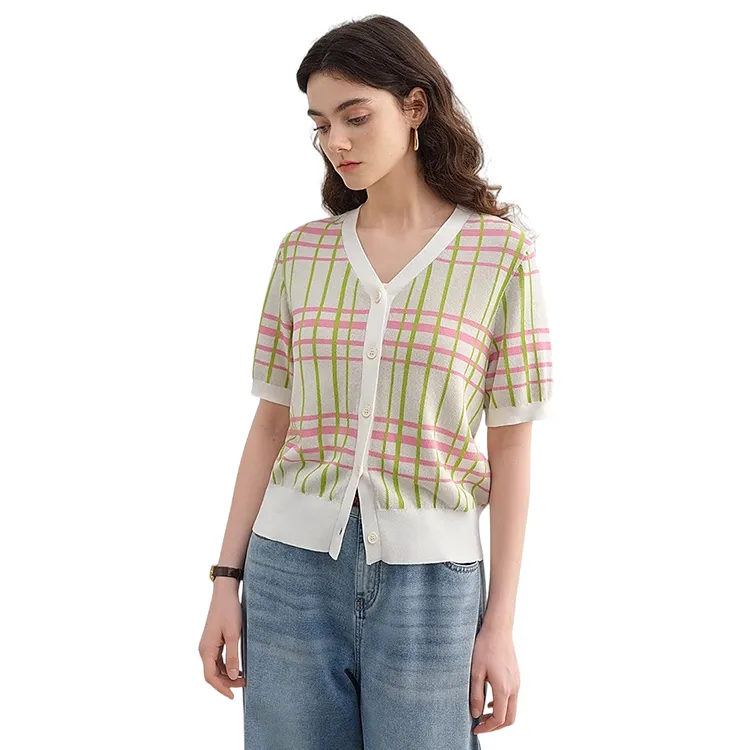 HDFULERN Knitwear Women's Pink Green Plaid-2