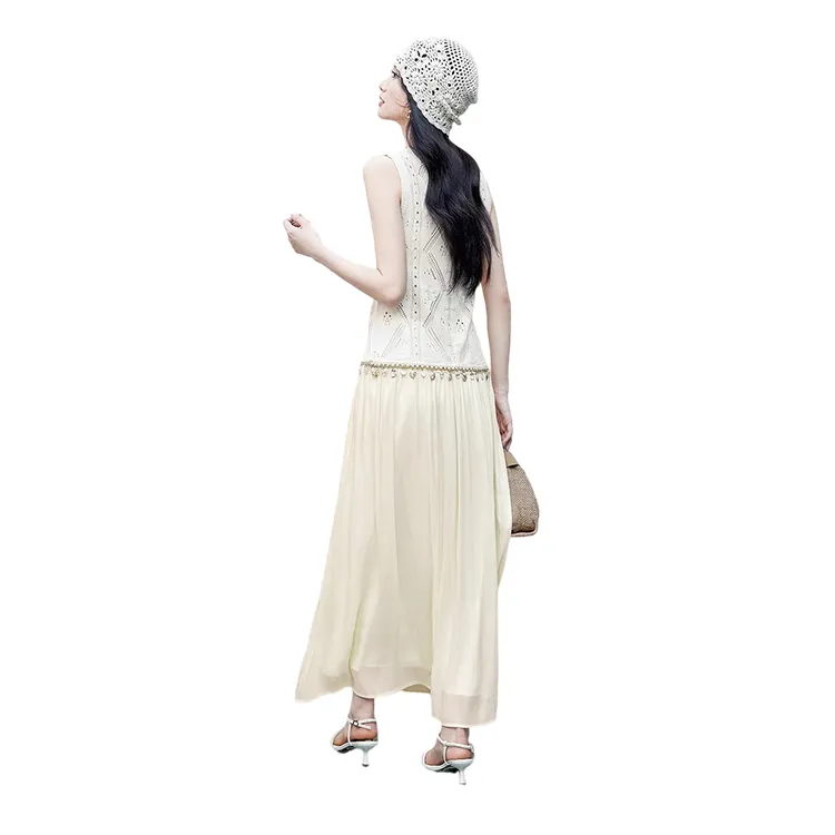 HDFULERN Knitwear Women's Beige Fashion Cut Out Design Knitwear Women's Summer French Elegant Slimming Tank Top-4