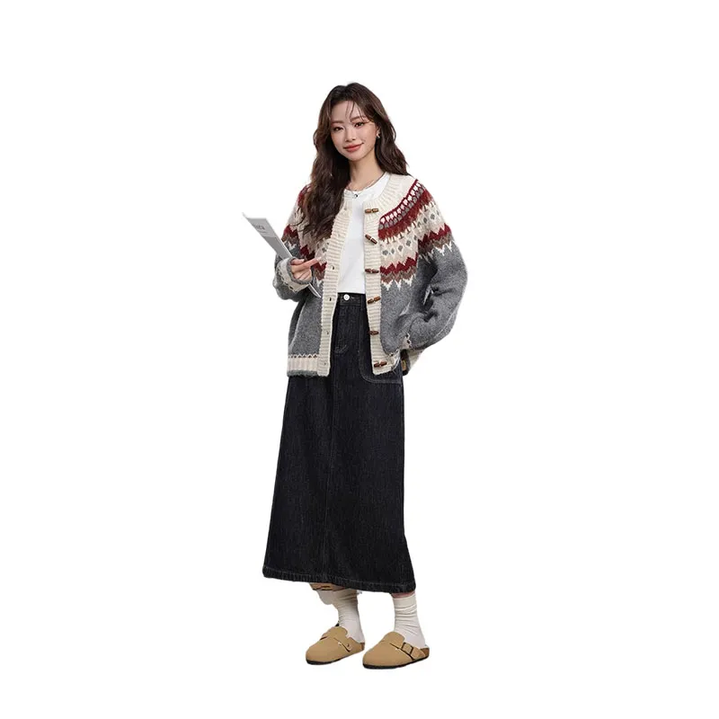 HDFULERN Denim Long Skirts Women's Dark Blue-3