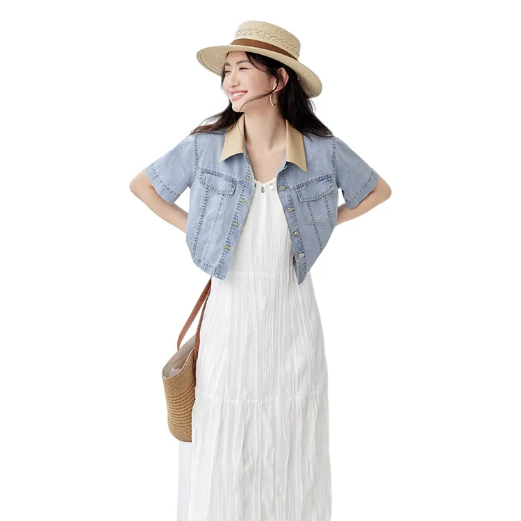HDFULERN Cropped Coats Women's Denim Light Blue-5