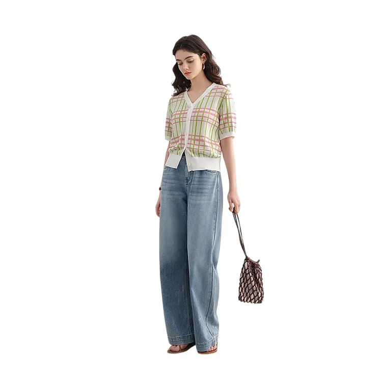 HDFULERN Knitwear Women's Pink Green Plaid-3