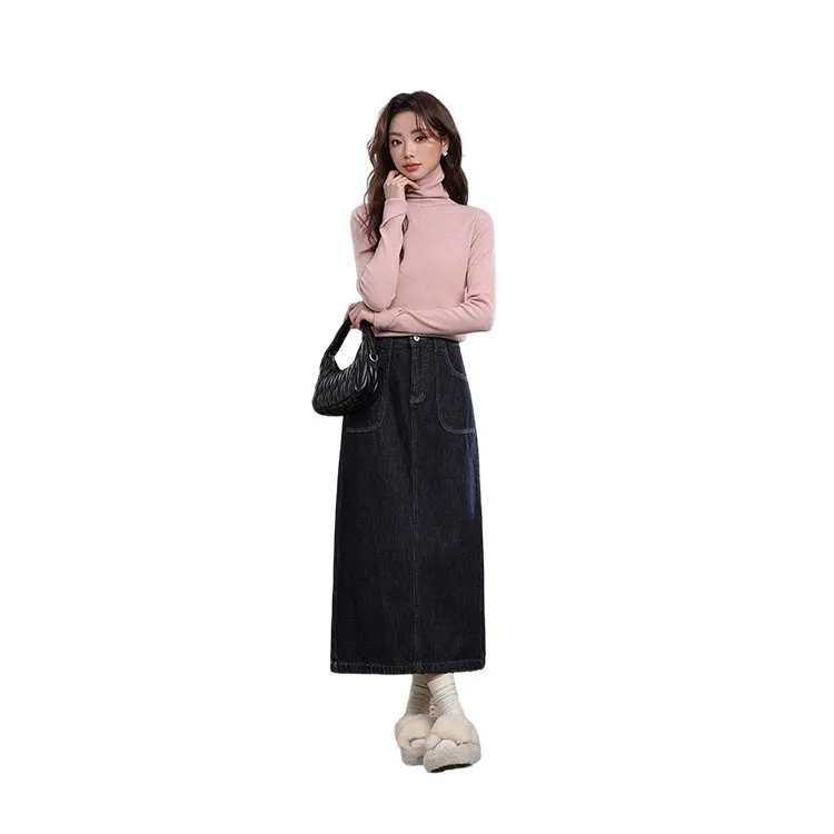 HDFULERN Denim Long Skirts Women's Dark Blue-5