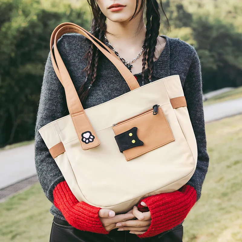 NOXXON Nylon Handbag, Shoulder Bag Large Size Women's Obsidian Black/Khaki-4