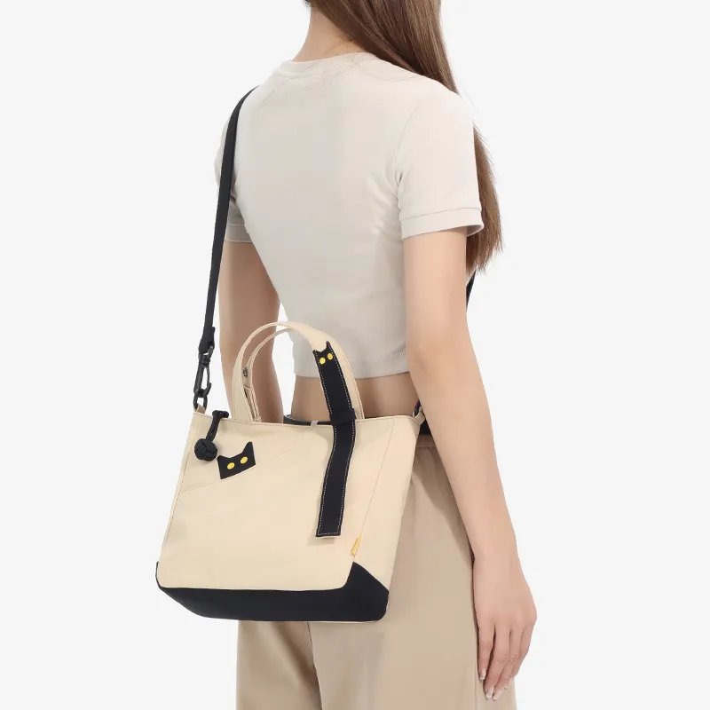 NOXXON Nylon Tote Bag, Shopping Bag, Portable Crossbody Bag, Shoulder Bag Small Size Women's Obsidian Black/Khaki-4
