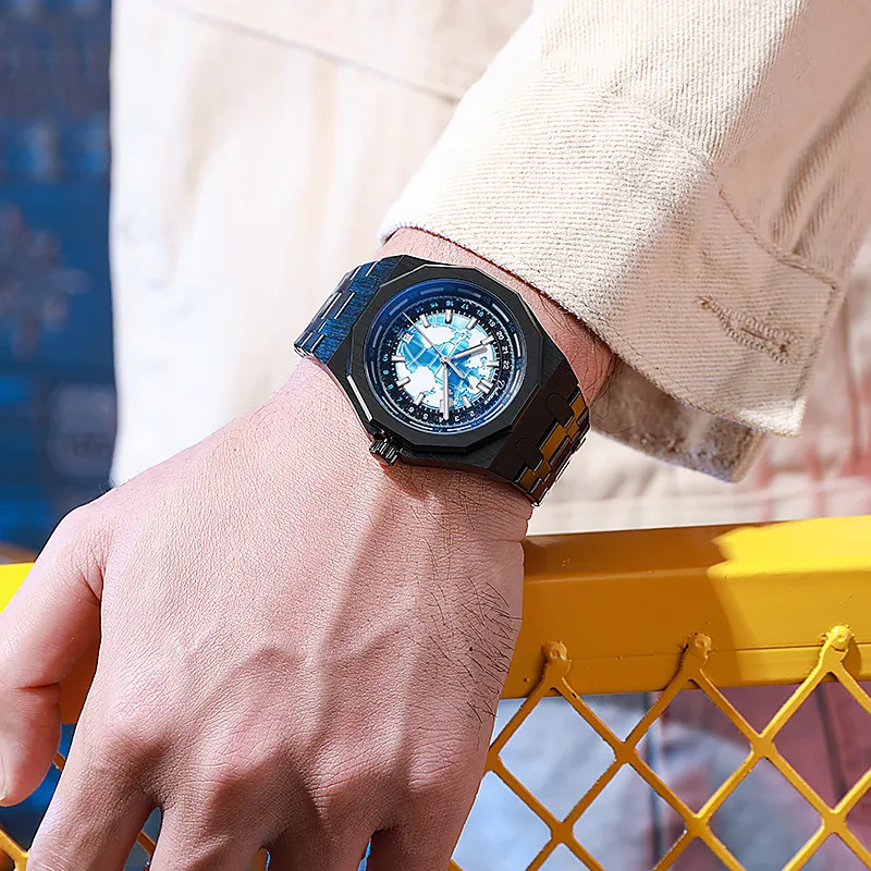 COJR &Dunlunwe Collaboration, Earth Collection Automatic Mechanical Movement Metal Strap Watch Men's Watches Blue Dial-2