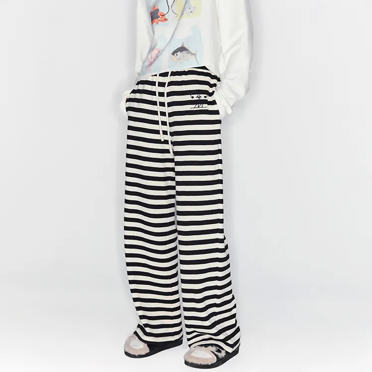 ANDREA MARTIN Casual Pants Unisex Black White Stripes-3