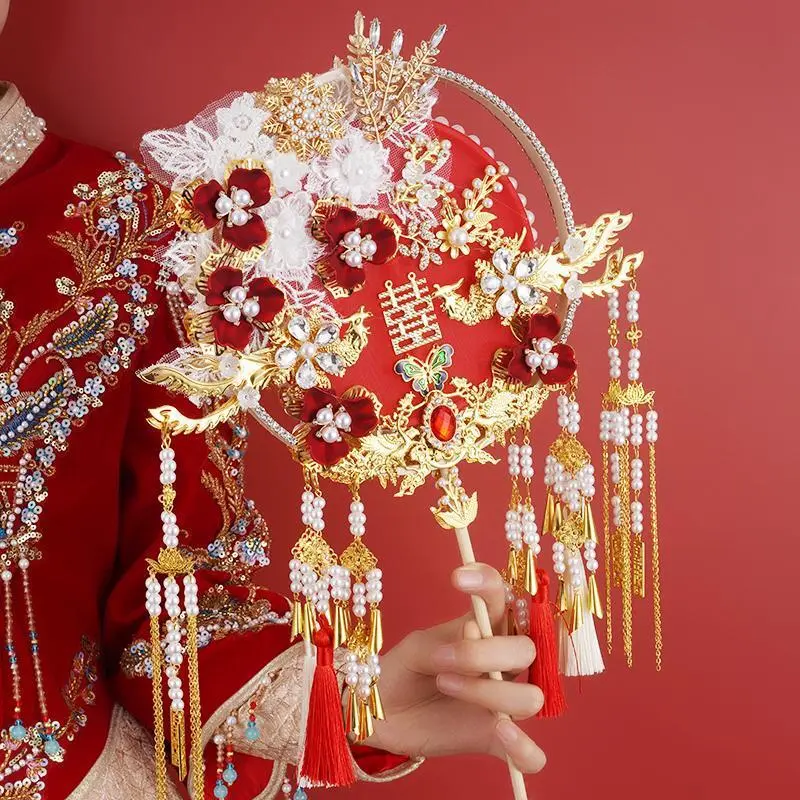 TLIT Twill Damask And Silk Newlywed Chinese Fashion Trend DIY Finished Product New Chinese Style Round Folding Fan-5