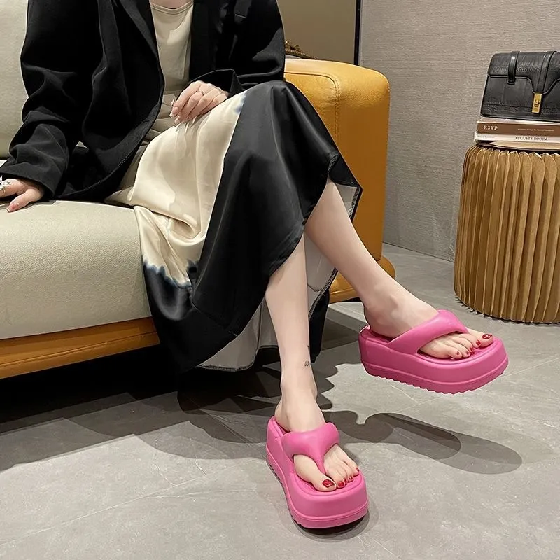 Meter 7 Cm Platform Height Increasing Eva Ankle Strapped Flip Flops For Women's Summer Black Slippers-5