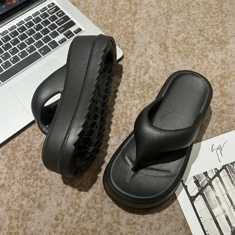 Meter 7 Cm Platform Height Increasing Eva Ankle Strapped Flip Flops For Women's Summer Black Slippers-1
