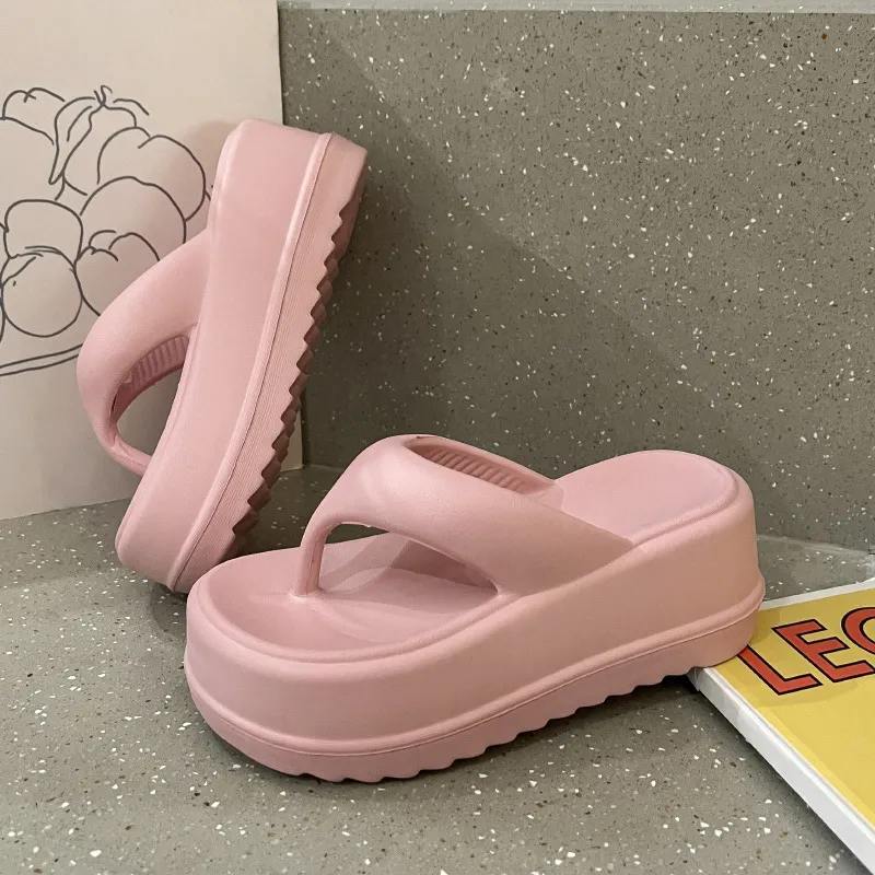 Meter 7 Cm Platform Height Increasing Eva Ankle Strapped Flip Flops For Women's Summer Black Slippers-7
