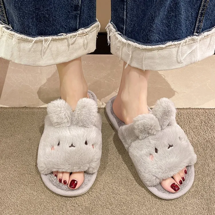 Meter Fall Home Cartoon Little Rabbit Cotton Slippers For Women's With Flat Soles, Plush, And Non Slip Cotton Sole-8