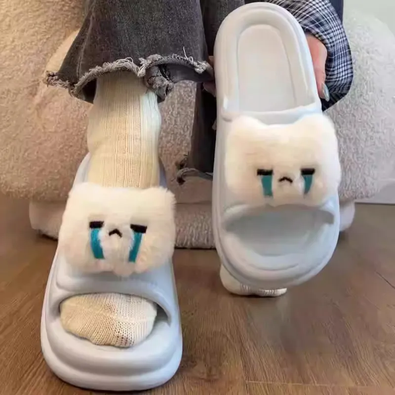 Meter Cream Blue Slippers With Cute Cartoon EVA Slide Design, Versatile Sandals For Petite Students-1
