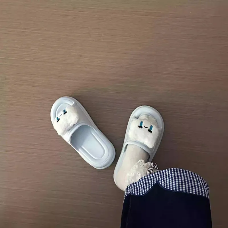 Meter Cream Blue Slippers With Cute Cartoon EVA Slide Design, Versatile Sandals For Petite Students-3