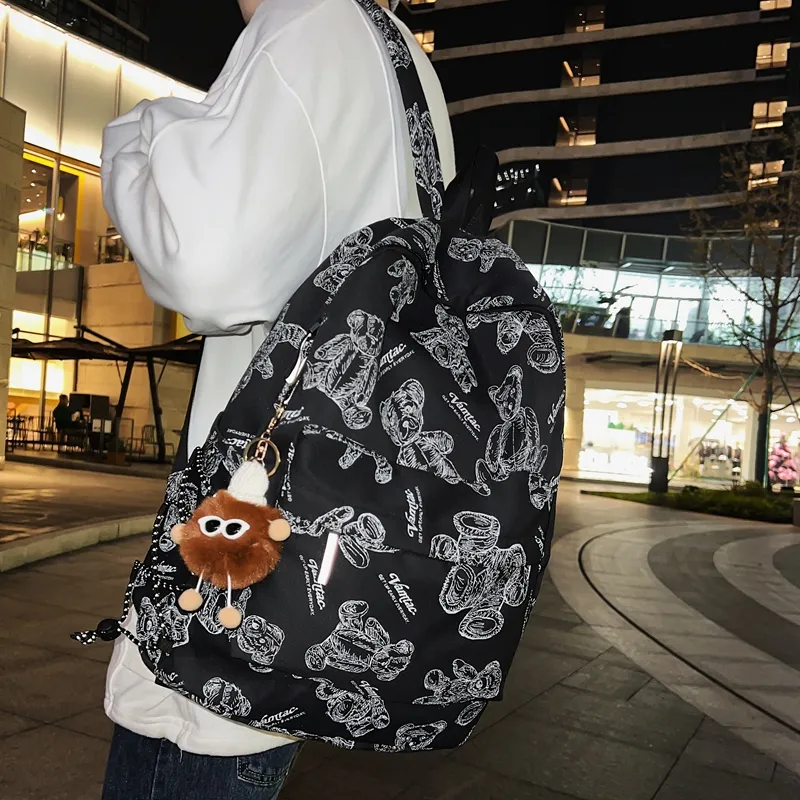 Kaka Tree Nylon Backpack Unisex Black/White-3