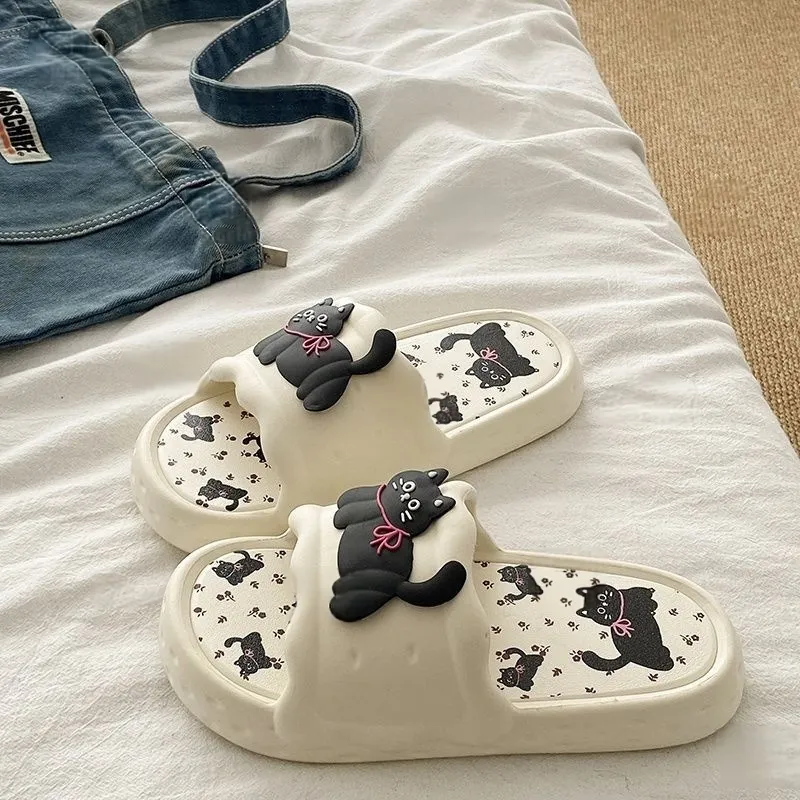 Yunpo Fun Black Kitten Students Dormitory Summer Casual Home Soft Comfortable Squashy And Bouncy Feeling Slippers-1
