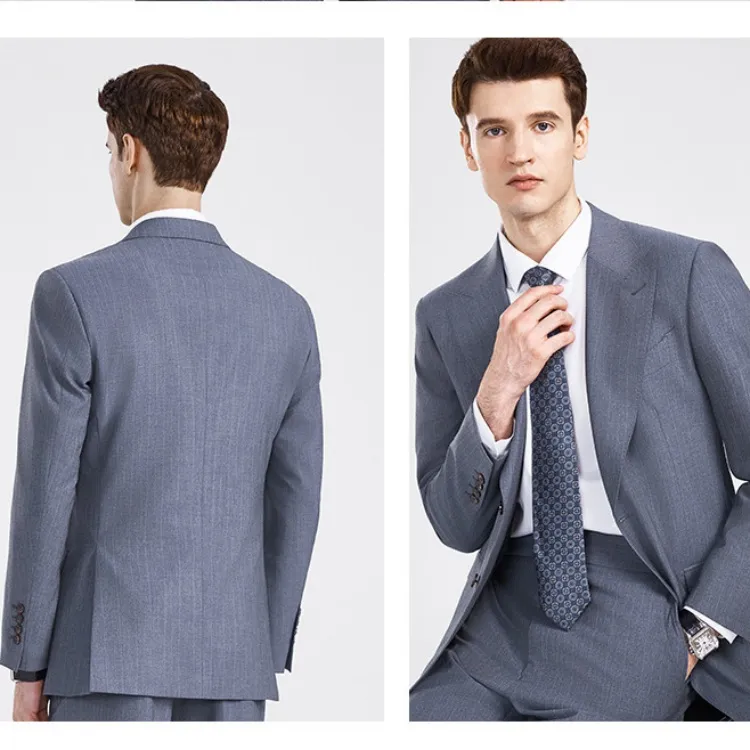 FIRS Business Suits Men's Gray Blue Stripes-2