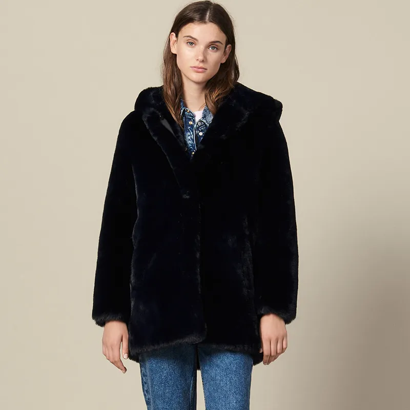 Sandro Velvet-feel Coat Women's Dark Blue-3
